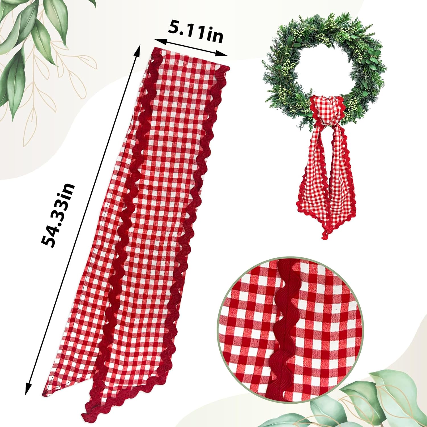 Wreath Sash for Front Door Red White Buffalo Plaid Cotton Wreath Satin Sash Garland Ribbon Accessories for Wreaths Yard Doorway Indoor Outdoor Bow Bridal Shower Home Decor,5.11 x 54.33