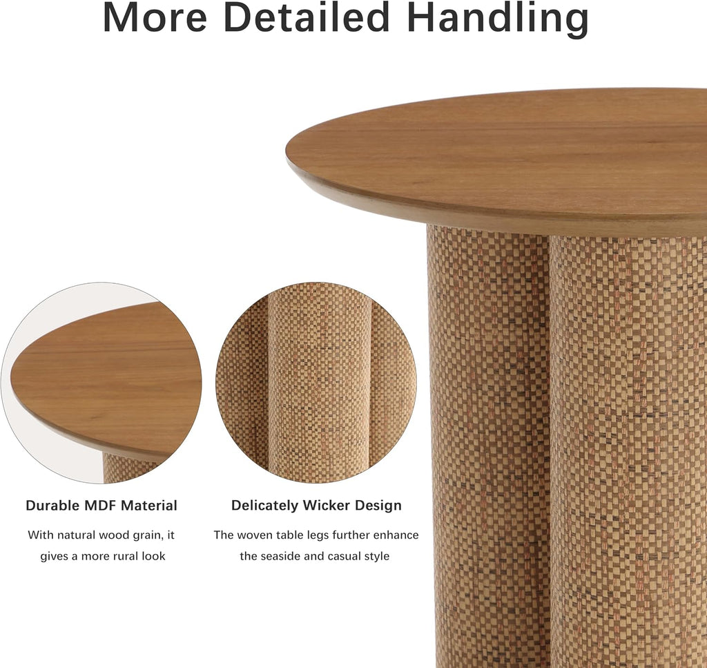 20" Round Walnut Wood End Table, Modern Side Table with 3 Textured Cylindrical Legs, Boho Rattan Accent Table for Living Room, Bedroom, Small Spaces, Light Walnut
