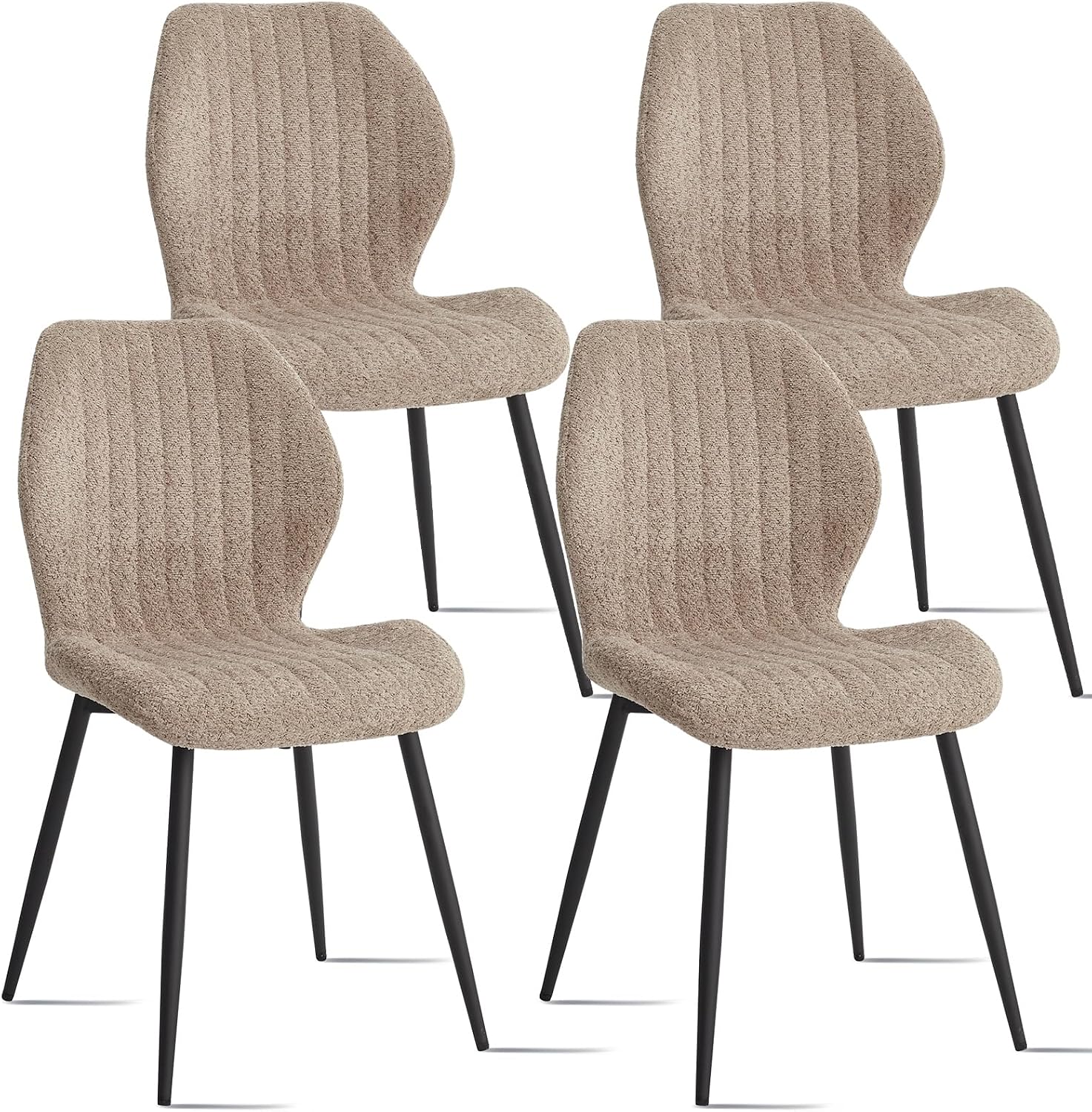 Set of 4 Boucle Dining Chairs – Modern Minimalist Upholstered Kitchen Chairs with Contoured Back and Metal Legs, Brown