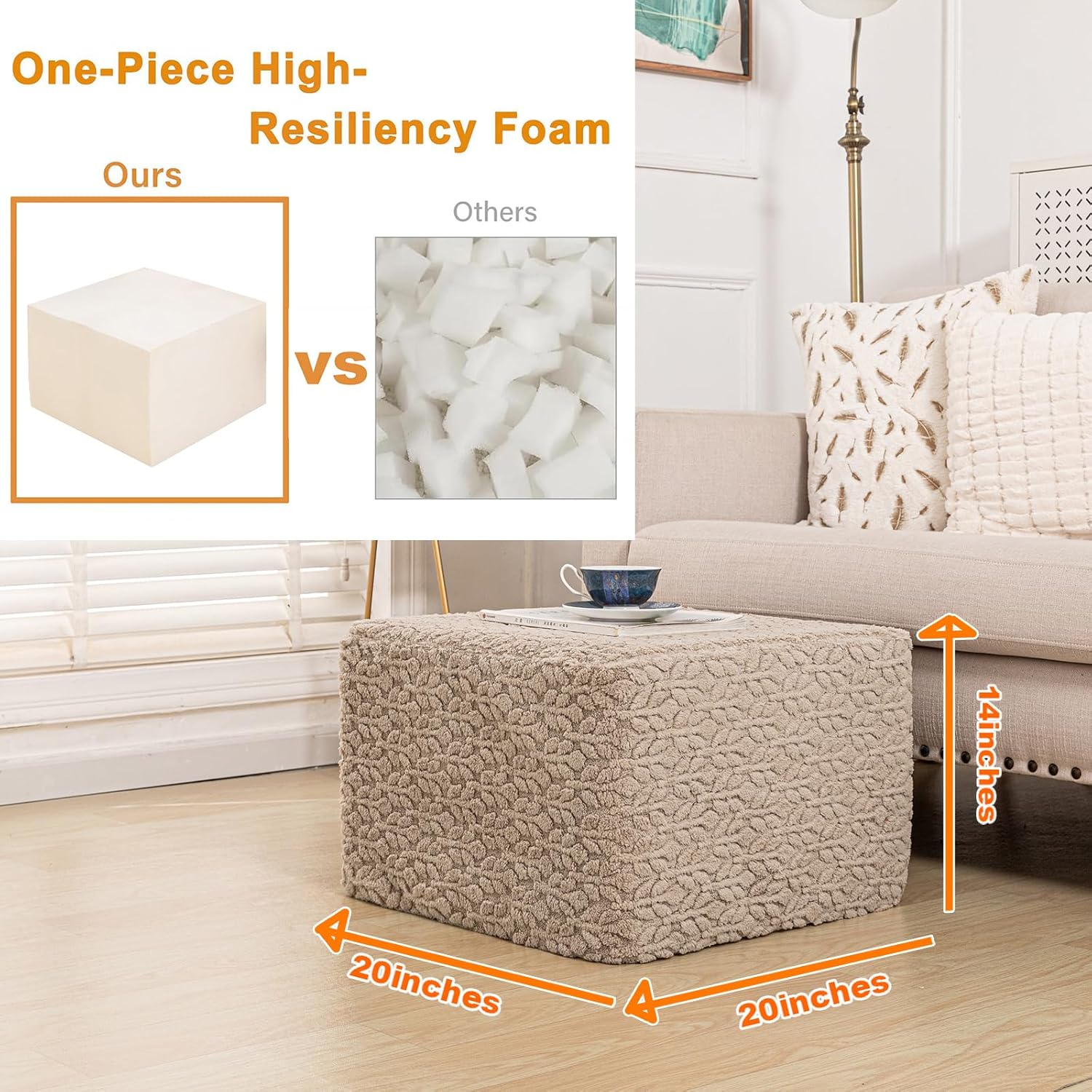 Square Stuffed Pouf Ottoman Poufs with One-Piece Seamless Foam Filling, Furry and Fluffy Pouf Foot Stool, 20 X 14 Floor Poufs Ottoman Foot Rest for Living Room (Light Coffee)