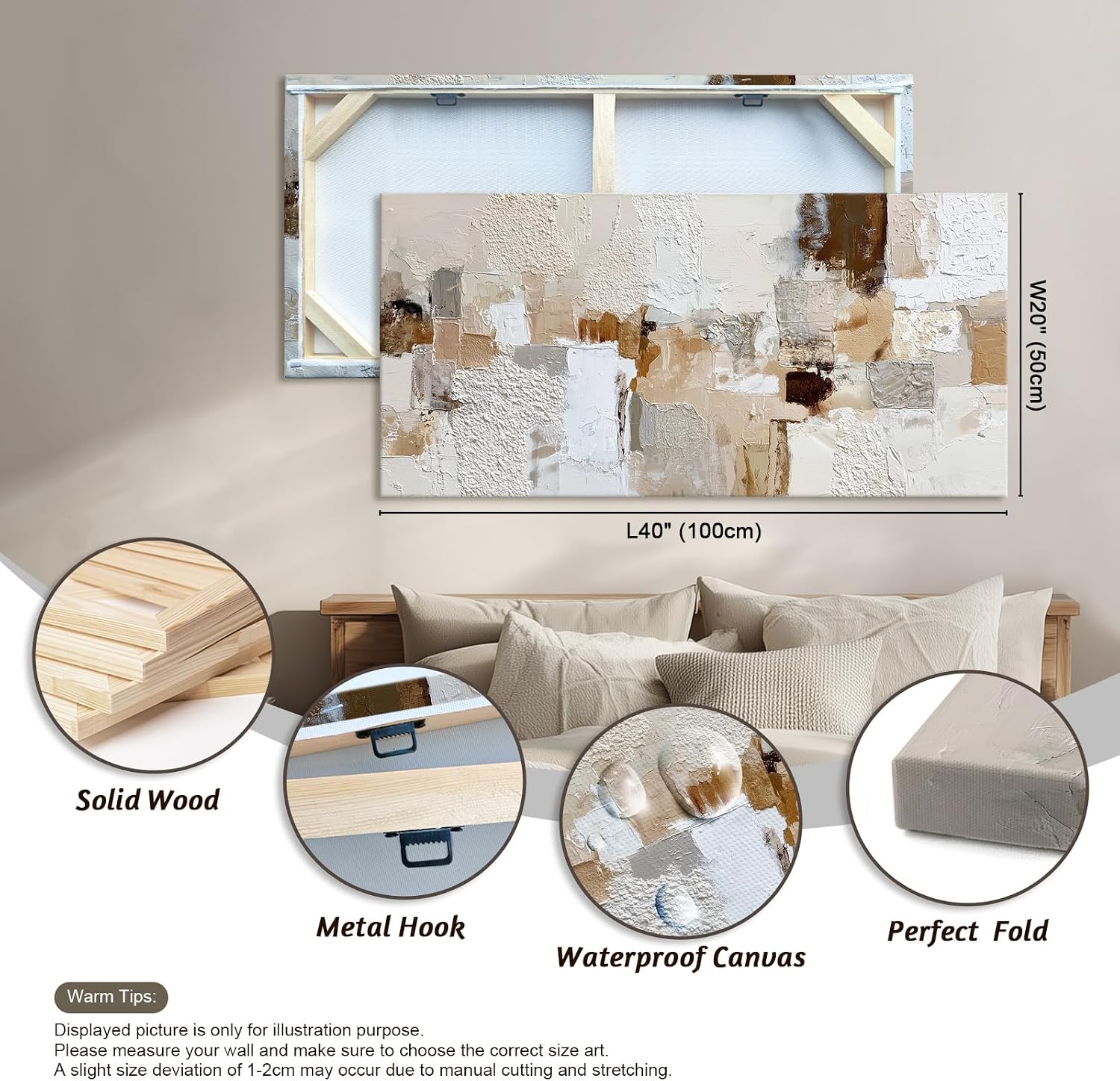 Azatyam Neutral Abstract Wall Art for Living Room Decor Modern Brown Minimalist Canvas Prints Artwork Picture Cream White Gray Brush Stroke Painting for Bedroom Dining Room Office Decor 20" x 40"