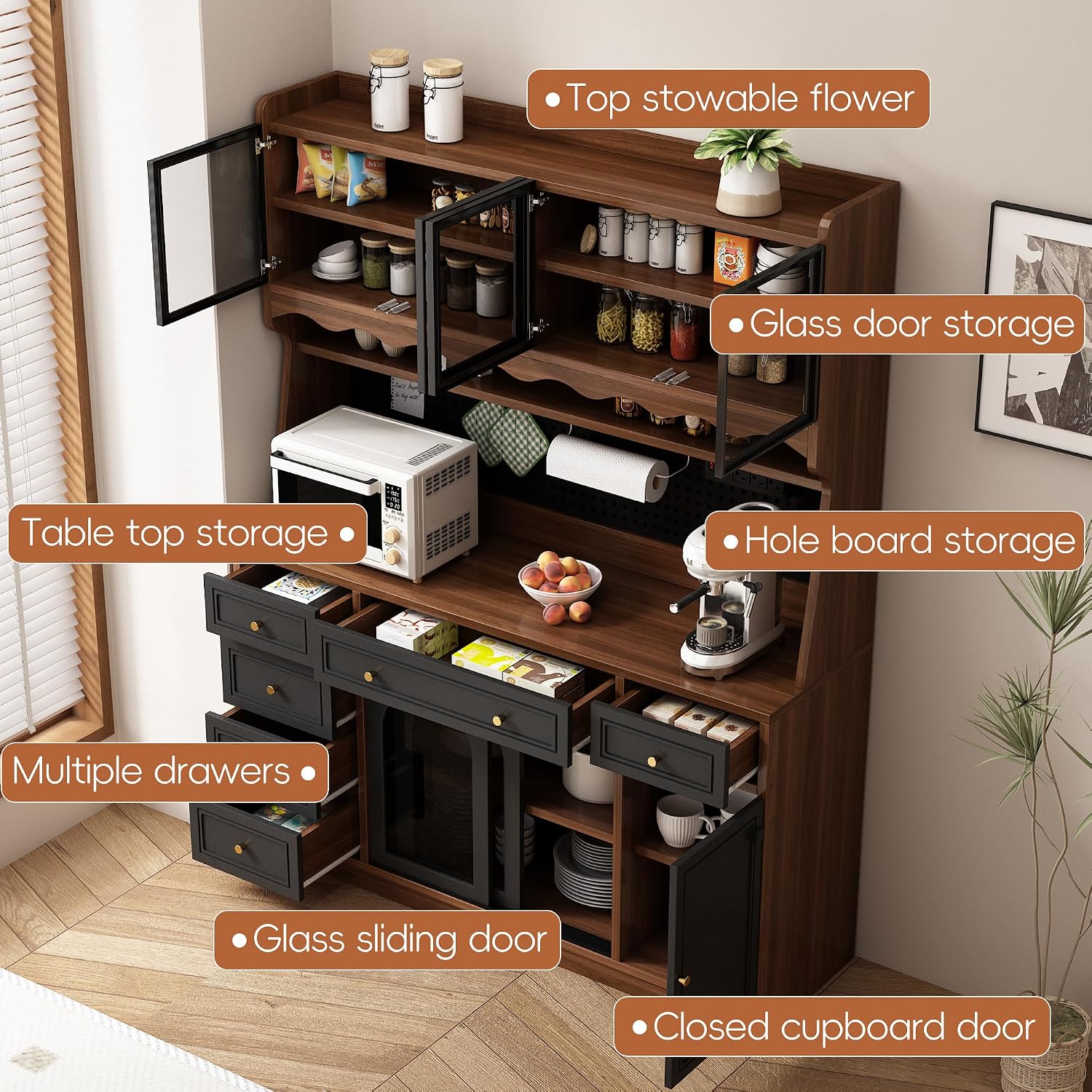 63'' Kitchen Pantry Cabinet with Power Outlet,Large Kitchen Hutch Cabinet with 6 Drawers and Adjustable Shelves,Wood Buffet Cabinets for Dining Room and Living Room(Black and Walnut)