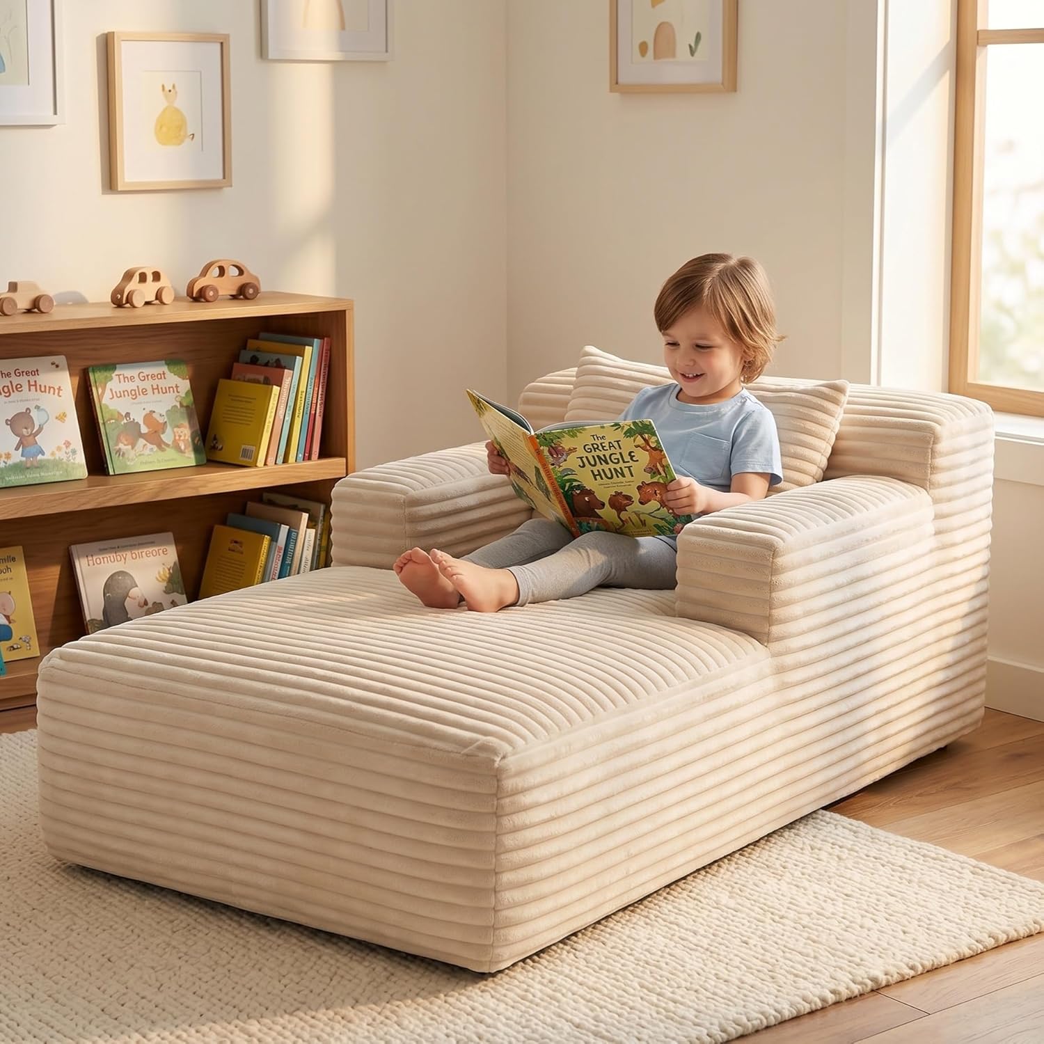 45" Mini Boneless Chaise Lounge Chair, Corduroy Upholstered Sofa Bed, Deep Seat Sleeper Couch, Small Comfy Cloud Couch for Living Room, Bedroom, Movie Room, Beige