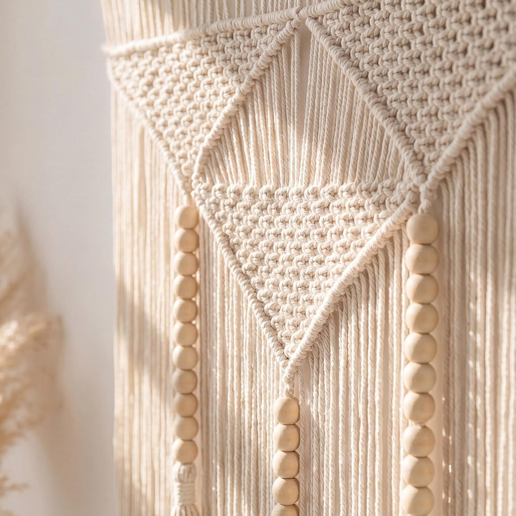 Large Macrame Wall Hanging (43" x 39.5"), Boho Woven Tapestry with Wood Beads & Tassels, Handmade Cotton Wall Art Decor for Bedroom, Living Room, Apartment, Bohemian Home Decor, 1 PCS (White)
