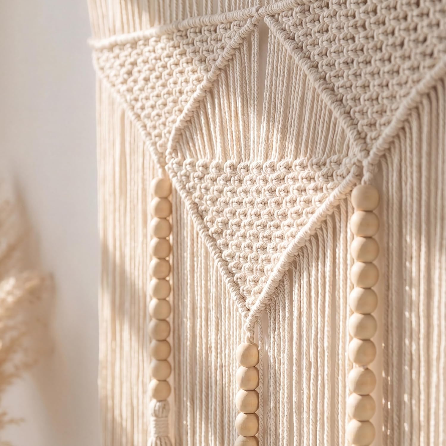 Large Macrame Wall Hanging (43" x 39.5"), Boho Woven Tapestry with Wood Beads & Tassels, Handmade Cotton Wall Art Decor for Bedroom, Living Room, Apartment, Bohemian Home Decor, 1 PCS (White)