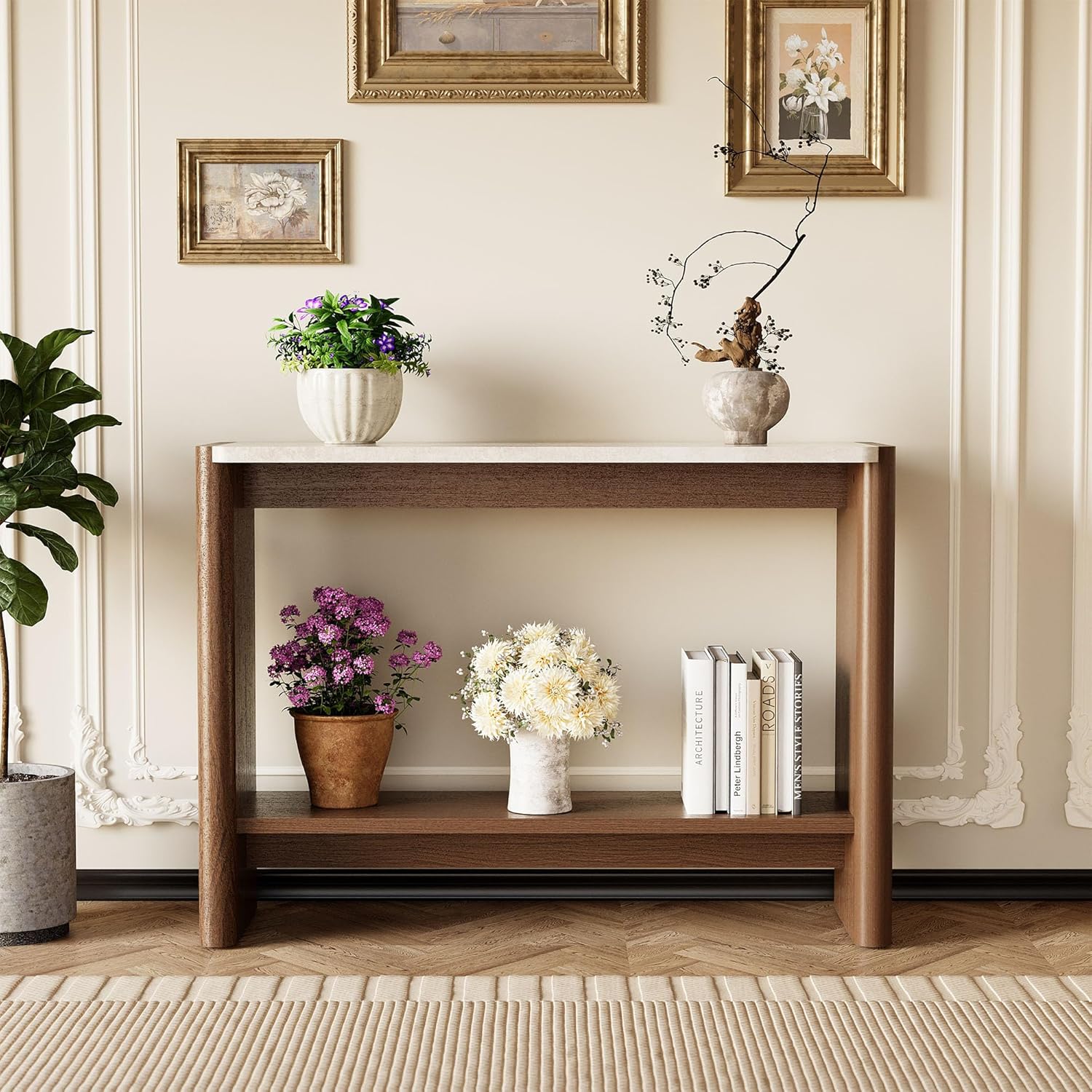 COSIEST 43.3" Farmhouse Console Table for Entryway, 2-Tier Sofa Table with Faux Stone Grain Top, Slim Accent Table for Hallway, Behind Couch, or Living Room, Brown Wood Look