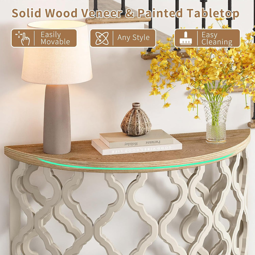 karlott Half Moon Console Table, 43.3" Solid Wood Veneer Tabletop Farmhouse Halfmoon Entryway Table, Painted, Sofa Behind the Couch Table, Half Circle Table for Living Room, Hallway, Easy Assembly
