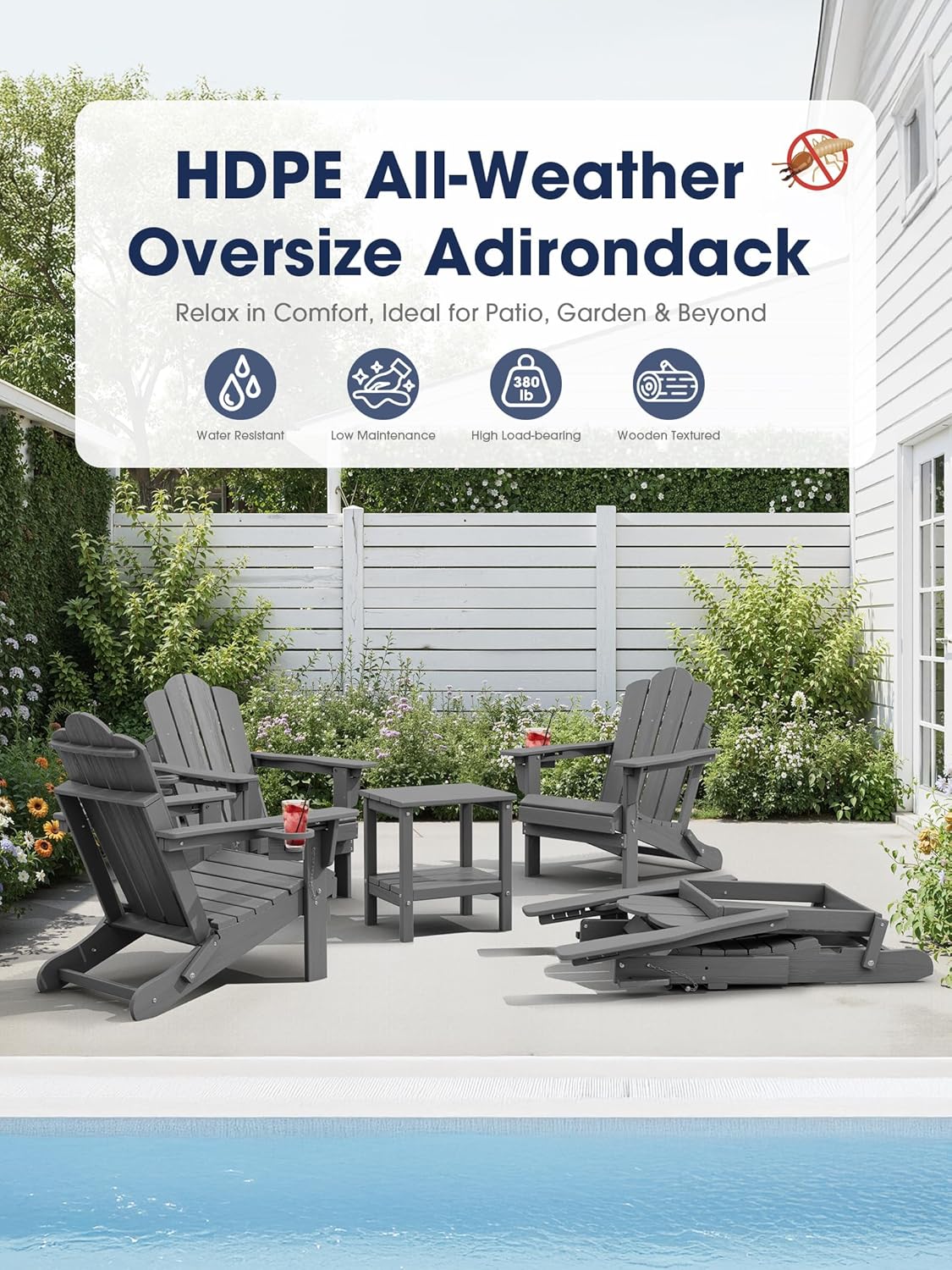 KINGYES Adjustable Folding Adirondack Chair Set of 2, 3-Position Reclining Adirondack Chairs with Cup Holder, HDPE All-Weather Oversized Adirondack for Outdoor, Patio, Backyard Deck, Fire Pit, Gray