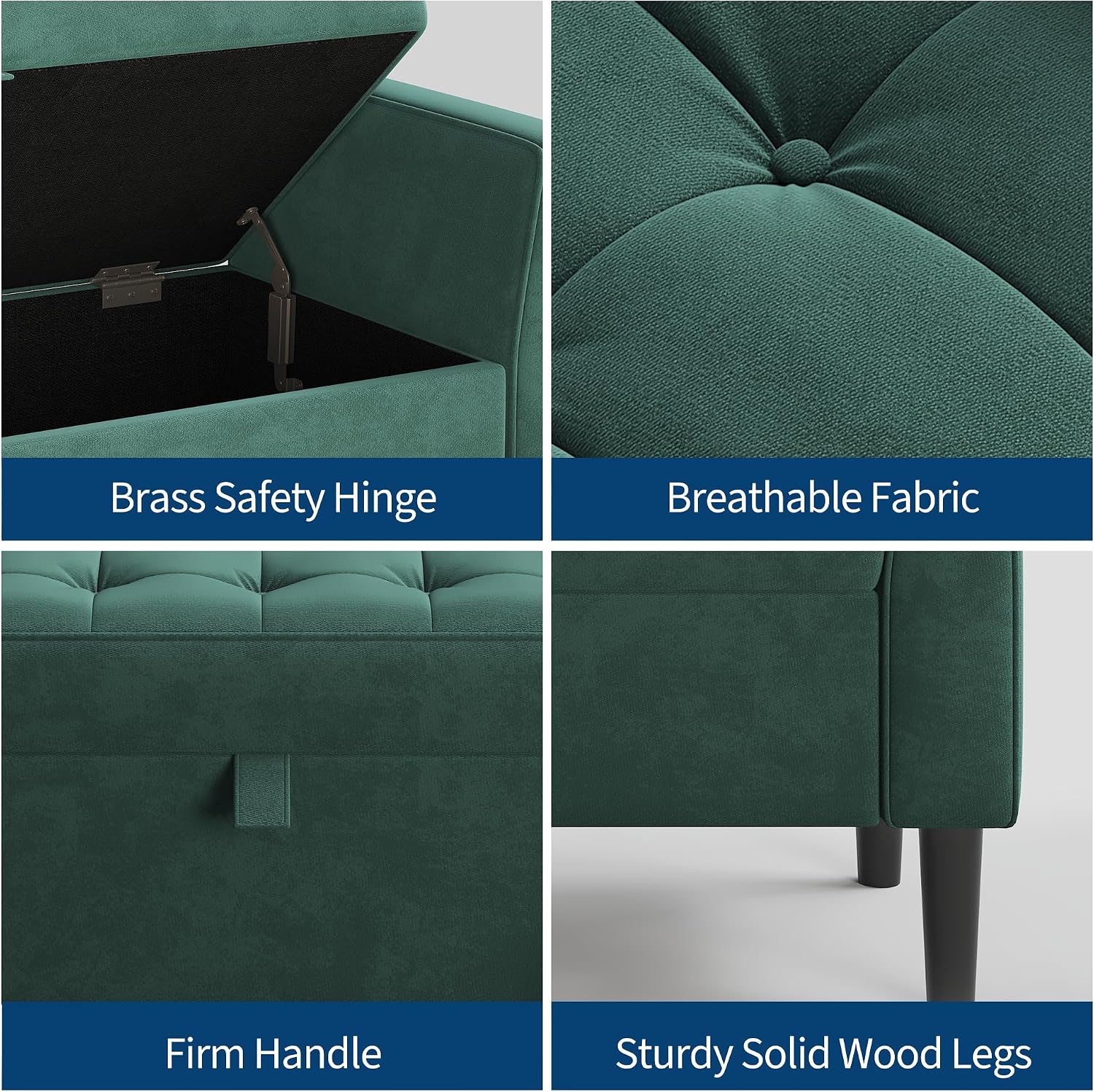 46.5 in Green Velvet Storage Ottoman Bench –Upholstered End-of-Bed Bench, Footrest Seat ,Multi-Functional Shoe Bench with Rolled Armrests & Wood Legs, for Entryway, Living Room, Bedroom & Hallway