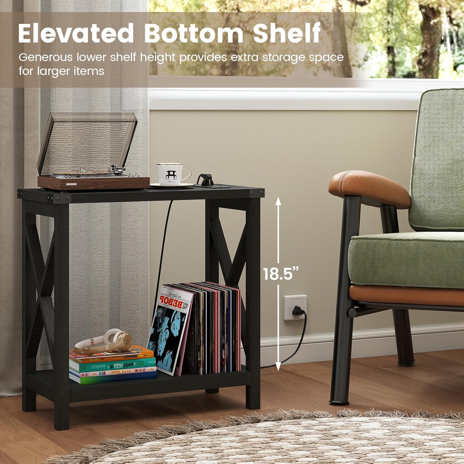 Hadulcet Farmhouse End Tables Living Room Set of 2 - Narrow Side Table with Charging Station, Slim Nightstand for Small Space, Skinny Bedside Table, Sofa Side Table with Storage Shelf, Black