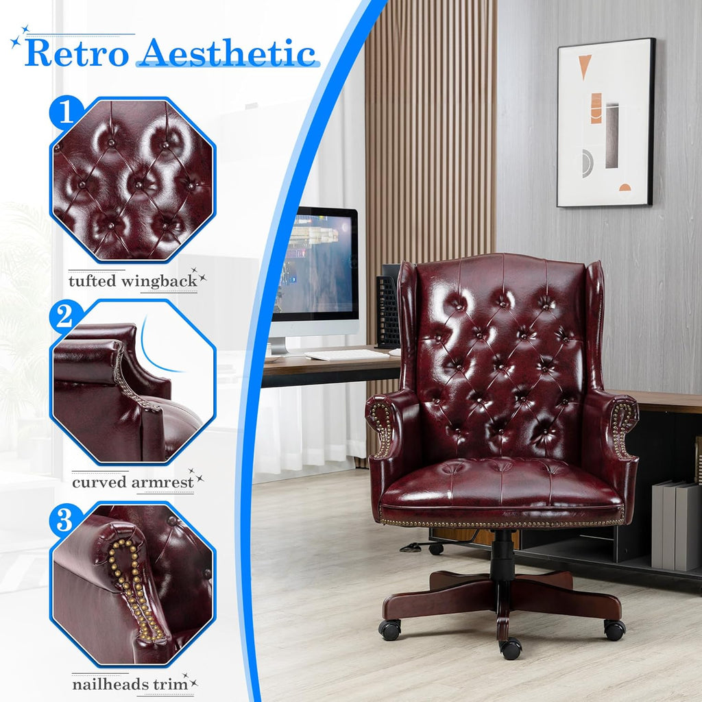 Big and Tall Executive Office Chair, Ergonomic 360° Swivel Recliner Chair, Retro Burgundy Faux Leather Home Office Desk Chairs w/Tufted Wingback Comfy Luxury Heavy Duty 500 Lb & Height Adjustable
