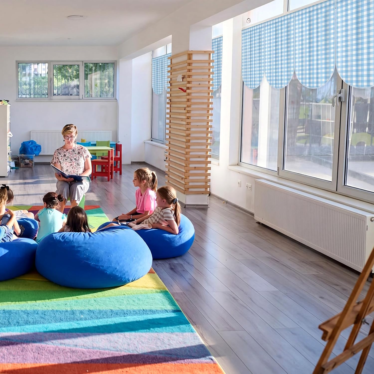 Irenare 8 Pcs Blue Check Plaid School Classroom Curtains Back to Classroom Colorful Curtains for Sunset Soiree Party Decorations Sunset Kindergarten Daycare Primary Bedroom Playroom Room Decor