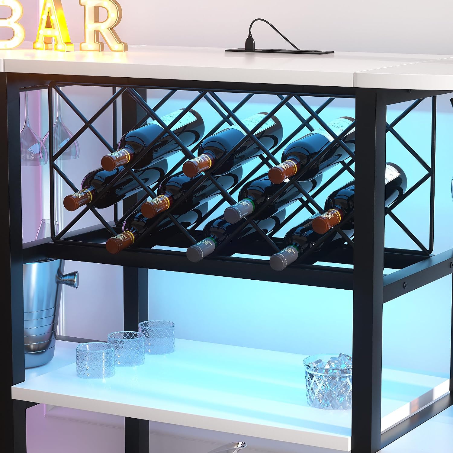 White Bar Cabinet with LED Lights & Power Outlets, 47" Curved Wine Bar Coffee Bar Cabinet with Wine Rack & Glass Holder, Liquor Cabinet Home Bar Unit for Living Room, Small Space