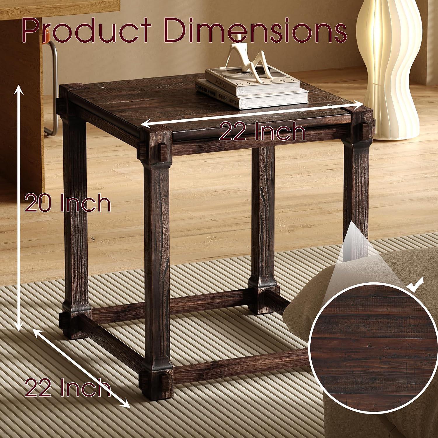 Vintage Aged Solid Wood Side Table, End Table, Nightstand, Bedside Table, Mortise and Tenon, Wear-Resistant Top, Sturdy Accent Table for Living Room Bedroom 20"×22"×22"