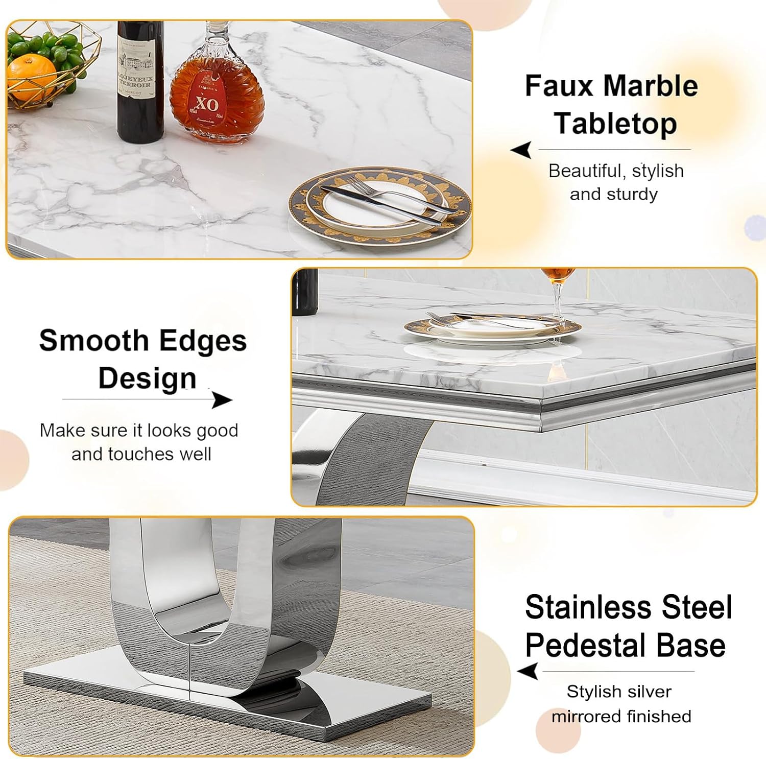 Faux Marble Dining Table for 4 to 6, 68 inch Luxury Dining Room Table with White Faux Marble Top & Silver Stainless Steel U Base, Modern Rectangle Dinner Table for Kitchen Living Dining Room Apartment