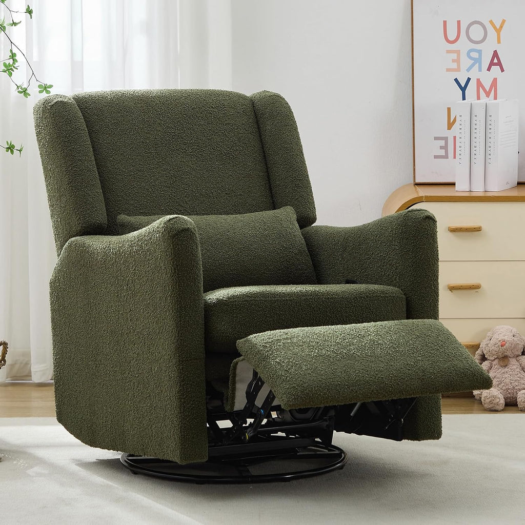 29.5'' Wide Swivel Rocker Recliner with 3-Position Lock Leg Rest, Nursery Chair with Sturdy Metal Base for Living Room, Bedroom and Apartment, Teddy Fleece (Seaweed Green)