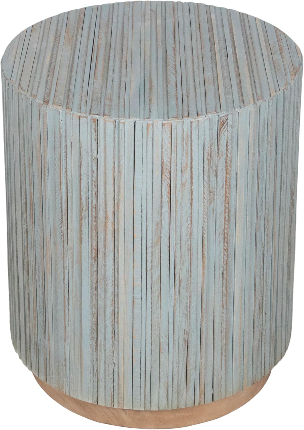 East at Main Monroe Blue Wash Teak End Table – Round Accent Table for Living Room, Bedroom, or Entryway – Solid Wood Handmade Nightstand for Coastal, Boho, and Modern Farmhouse Décor