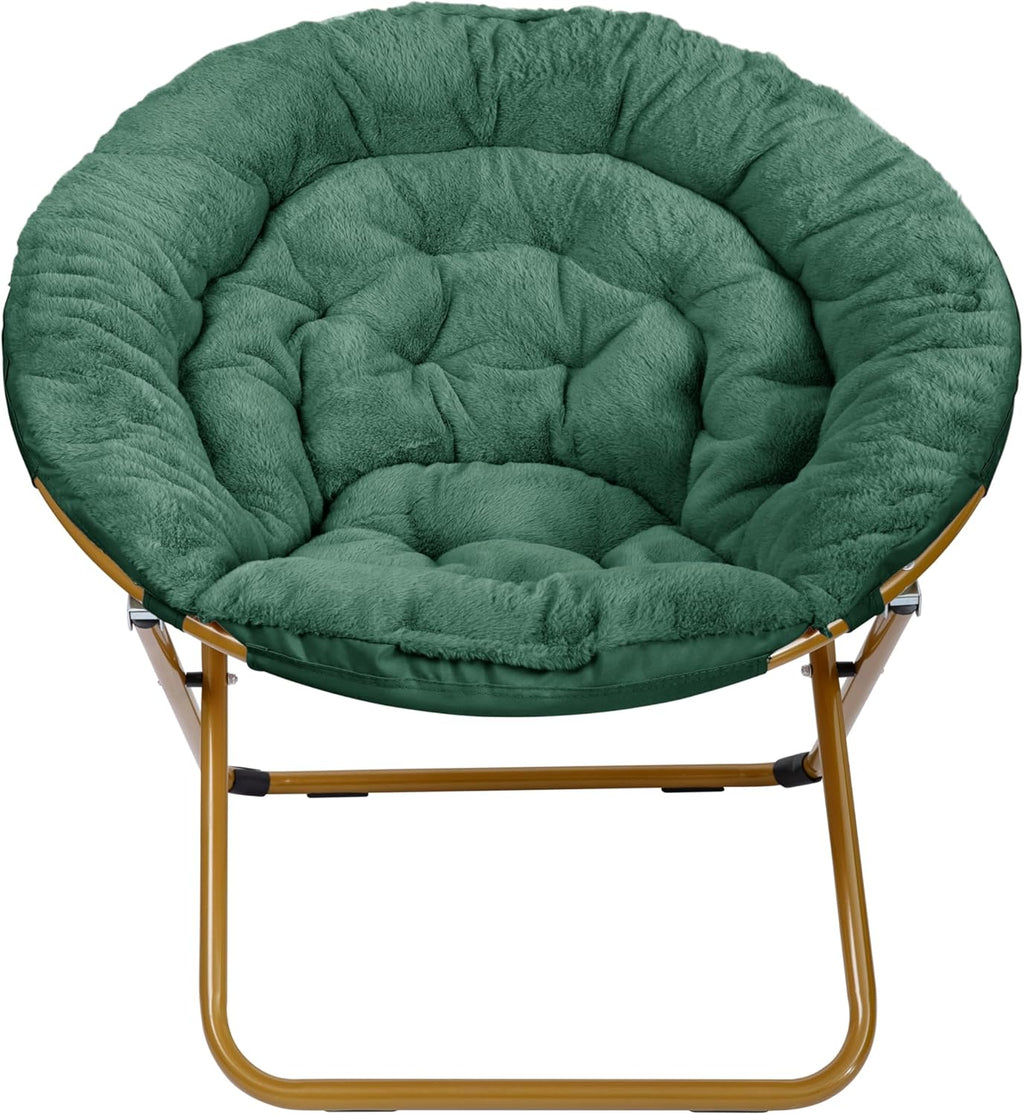 EMMA + OLIVER Ersa Oversize Folding Saucer Chair - Emerald Faux Fur Moon Chair - Soft Gold Metal Frame - 38" Portable Folding Chair - for Dorm and Bedroom