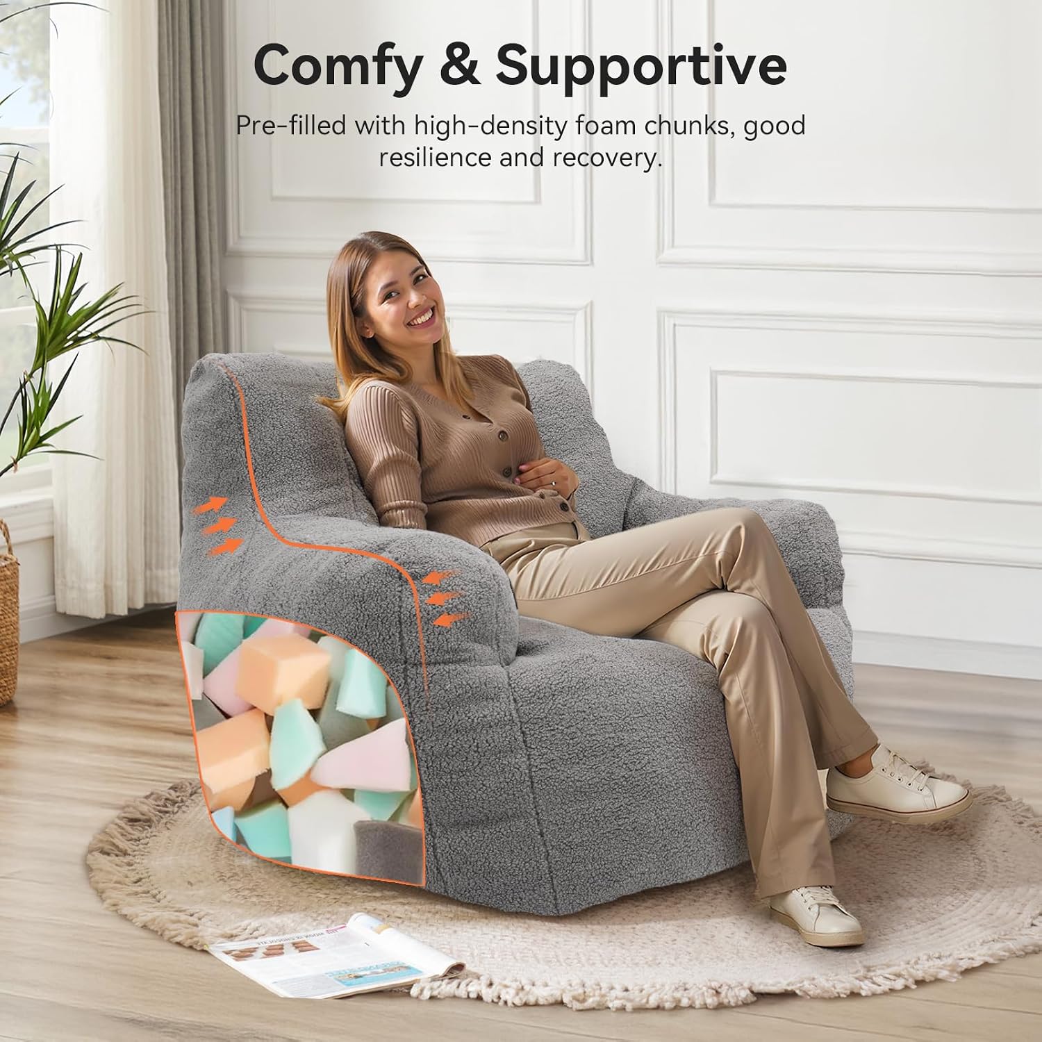 INMOZATA Bean Bag Chair for Adult, 3FT Pre-Filled Soft Teddy Fluffy Lazy Sofa Floor Chair Beanbag for Living Room Playroom Dorm Apartment (Mid-Gray)