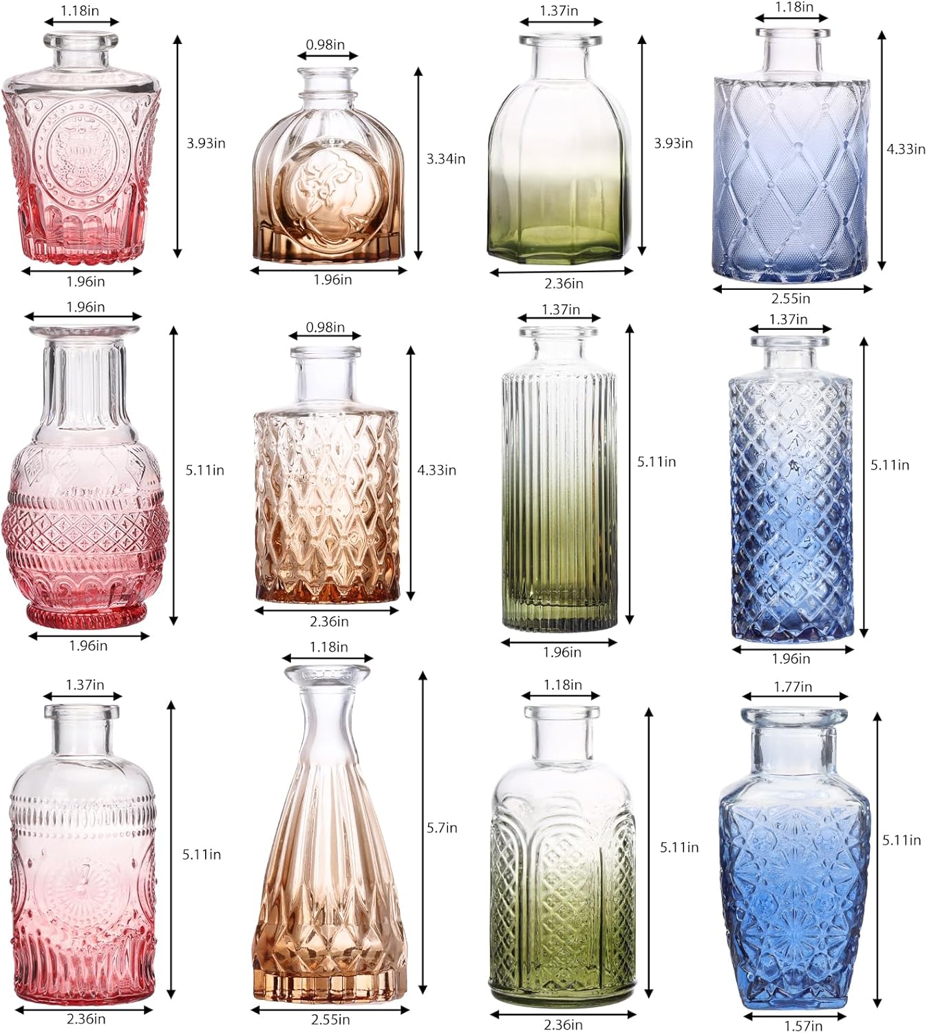 CUCUMI 12 Pack Colorful Glass Bud Vases, Small Colored Vintage Vases for Centerpieces, Decorative Flower Vases for Wedding Home Table Decor(Amber, Blue, Green, Pink)