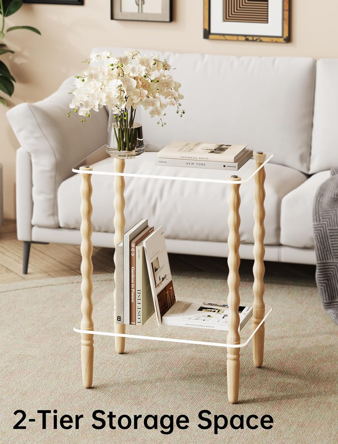 NiHome Spindle Side Table Acrylic Tabletop and Wooden Legs, 2-Tier Small End Table with Storage Shelf, Modern Wood Nightstand for Living Room, Narrow Rectangle Coffee Tables for Couch