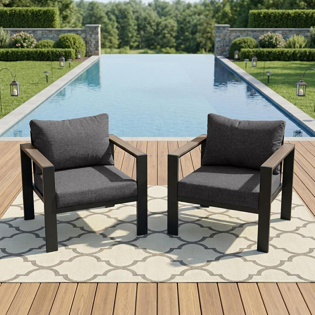 Outdoor Patio Furniture Set 2 Pieces Armchair with Washable Thick Cushions, Luxury Aluminum Patio Furniture Chair Modern Outside Sectional Set for Porch, Balcony, Deck, Yard, Dark Gray