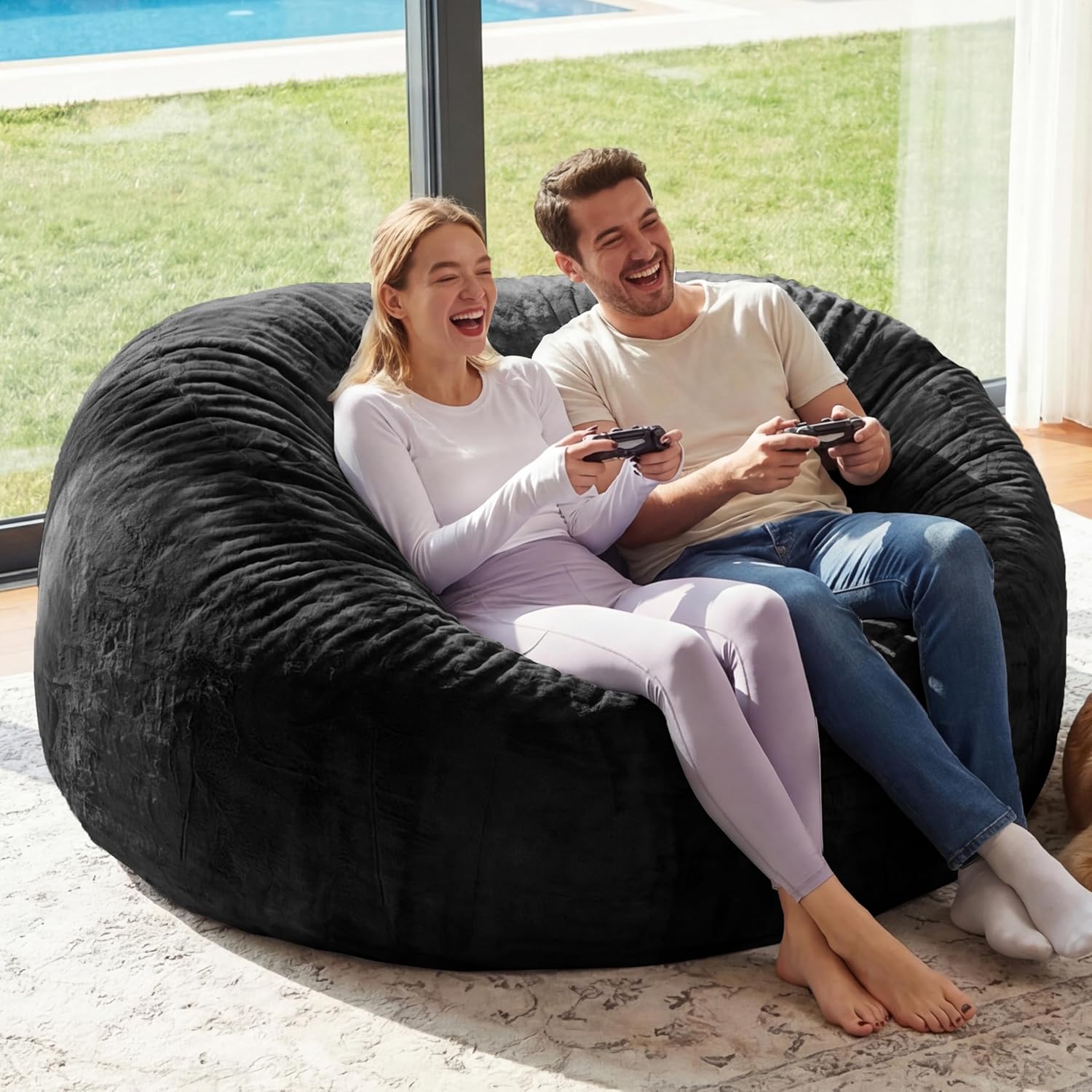Giant Bean Bag Chair with Memory Foam Filling Beanbag for Adult 8 Colors, Machine Washable Removeable Flannel Cover, Soft Cozy for Bedroom, Living Room - 3 Feet Black