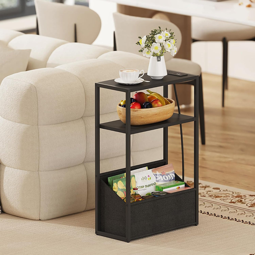 TUTOTAK Keep Phones Charged & Books Organized with Slim 3-Tier Side Table with Charging Station for Living Room Bedroom TB01BK095