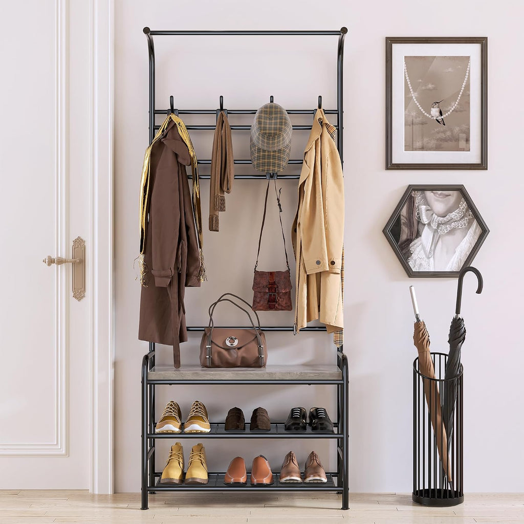 IDEALHOUSE Narrow Hall Tree Storage Bench, 4-in-1 Coat Rack with 3-Tier Shelf and 8 Hooks, Rustic Grey