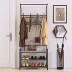 IDEALHOUSE Narrow Hall Tree Storage Bench, 4-in-1 Coat Rack with 3-Tier Shelf and 8 Hooks, Rustic Grey