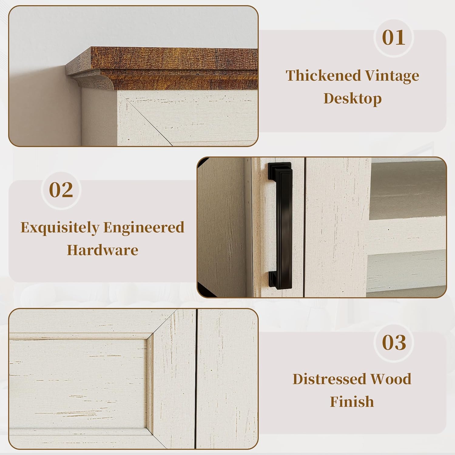 63 Inch Sideboard Buffet Cabinet with 4 Glass Doors, Coffee Wine Bar Storage Cabinet, Modern Buffet Table with Storage for Dining Room, Kitchen, Living Room, Antique White