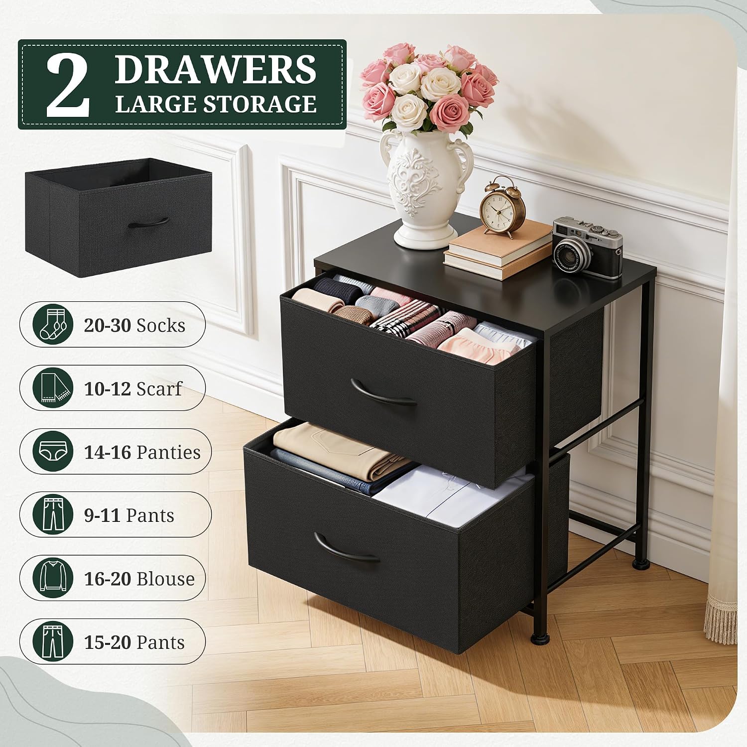 Nightstand Set of 2, Small 2 Drawer Dresser End Table Bedside Furniture, Wooden Top Fabric Bins for Bedroom, Closet, Entryway, Dorm, 11.8" D x 18" W x 20", Black