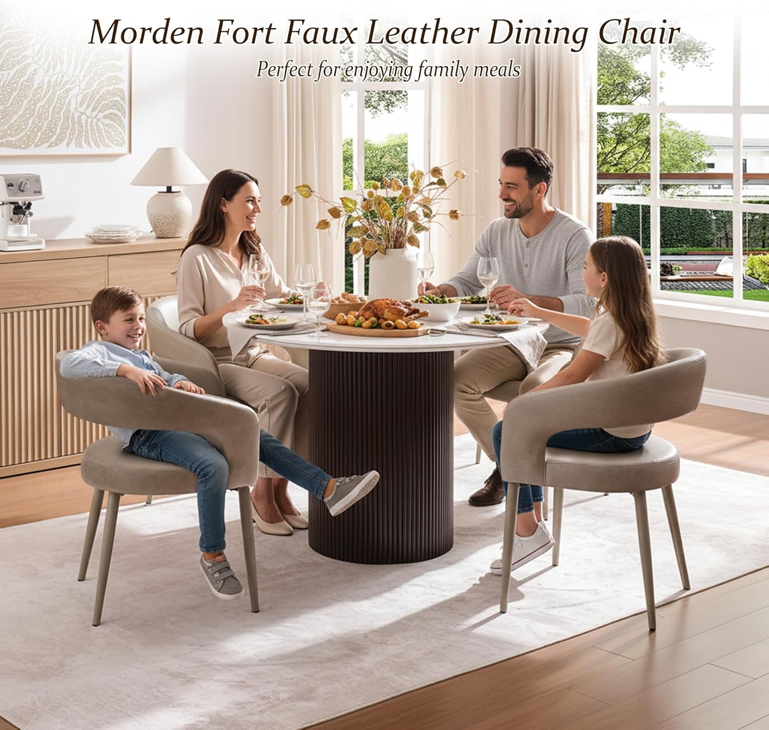 Modern Dining Chairs Set of 2, Kitchen Room Faux Leather Mid Century Chairs with Metal Frame and Hollow Back, Easy Clean Upholstered Barrel Dining Chair for Living Room, Restaurant, and Café, Greige