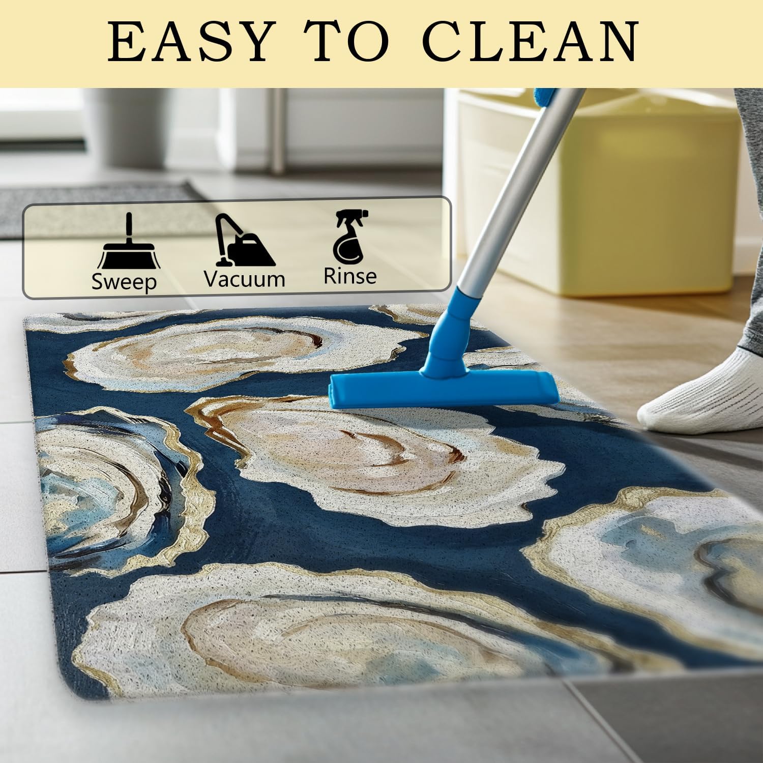 Navy Blue Beach Ocean Oyster Door Mat, Abstract Oyster Shell Coastal Ocean Doormat Indoor Outdoor Entrance Entryway, Beach Welcome Mats for Front Door Outside, 17x30 Inches