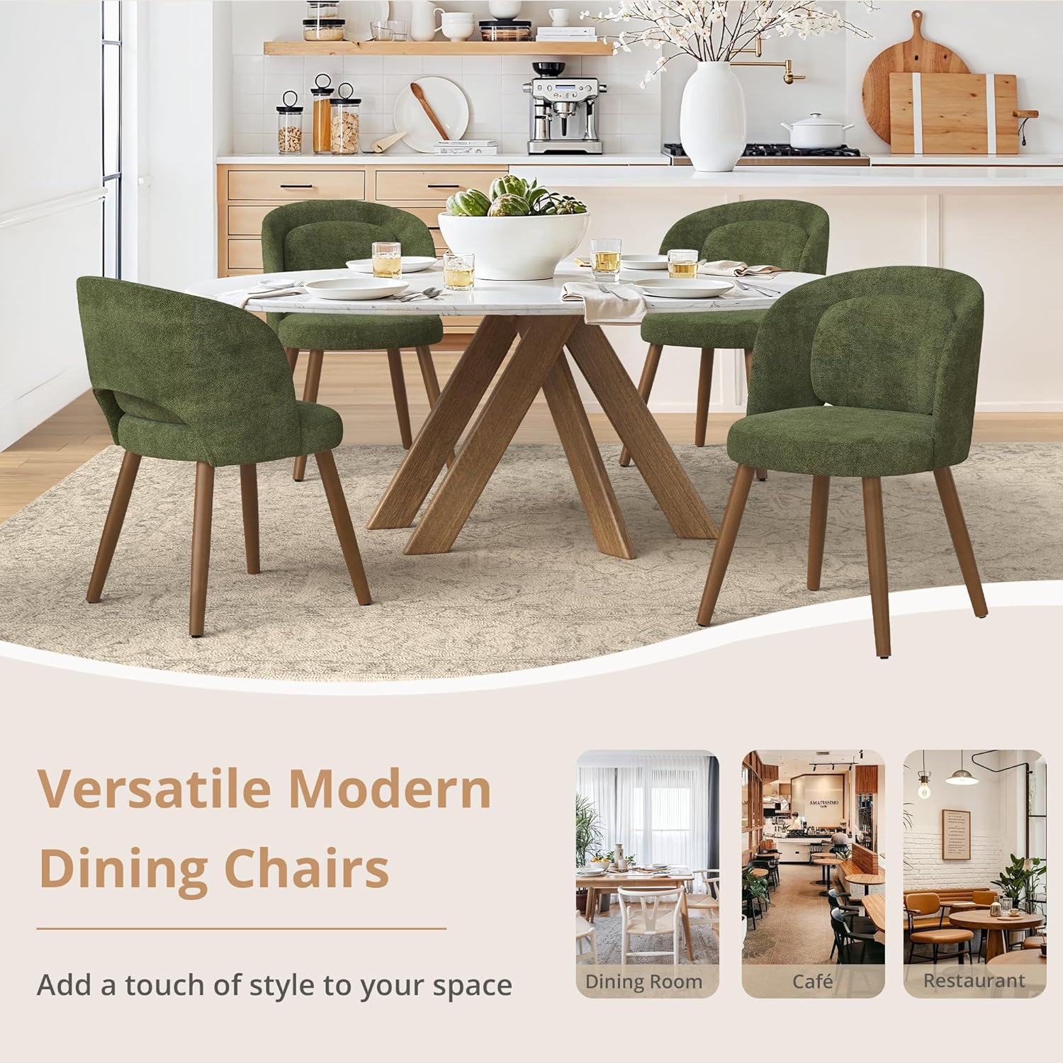 LUE BONA Dining Chairs Set of 4, Modern Upholstered Kitchen Chairs with Solid Wood Legs, Curved Backrest & Lumbar Support for Home Dining Room, Restaurant, Green