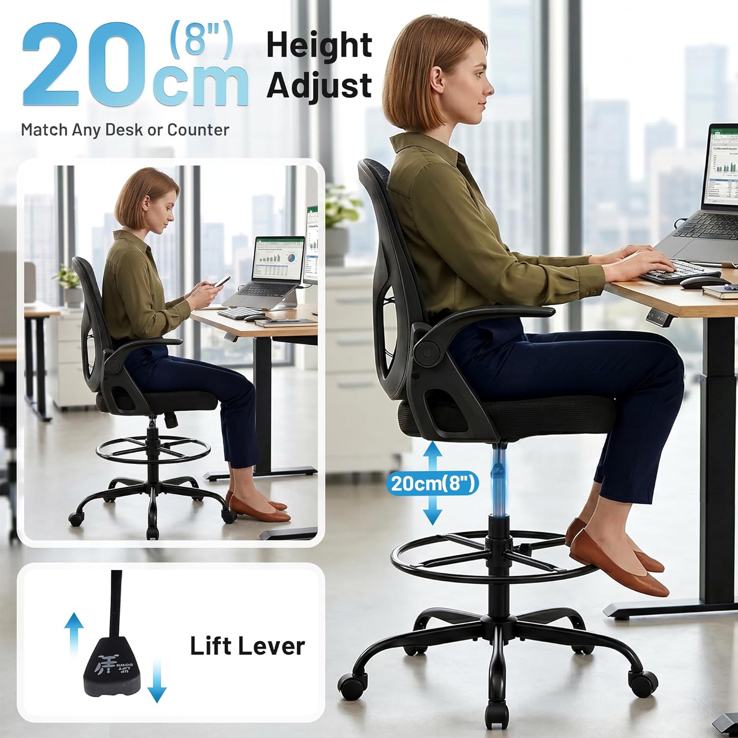 Drafting Chair for Standing Desk, Tall Office Chair with 22"-30" Seat Height &7" Lift Footrest Ring, Ergonomic Executive Mesh Computer Counter Stool with Lumbar Support &Flip-up Arms for Artist
