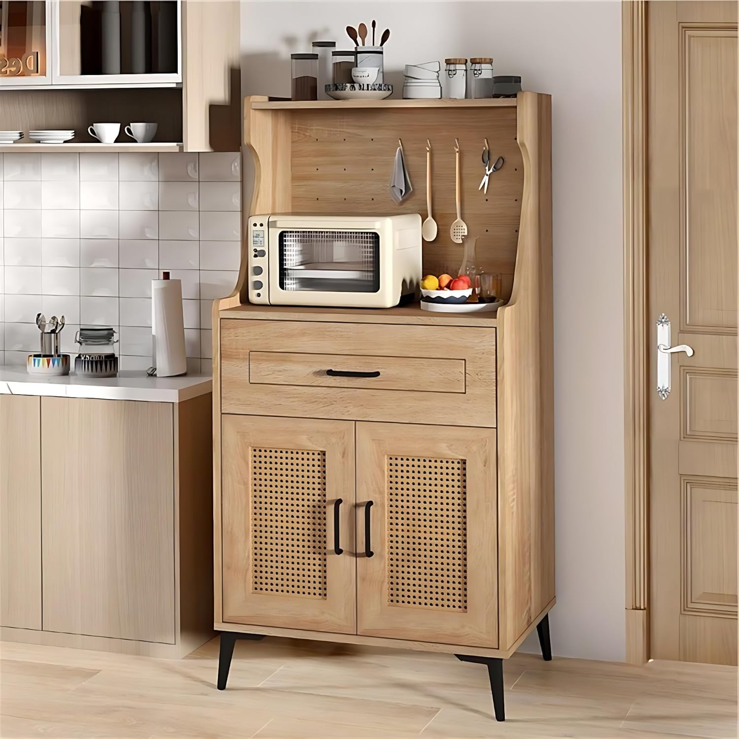 LDAILY Kitchen Pantry Cabinet, Rattan Buffet Cabinet with Hutch, DIY Pegboard, Adjustable Shelf, Drawer, Farmhouse Sideboard Buffet Cabinet with Storage for Coffee Bar, Natural Oak