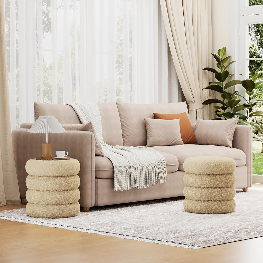 Soft Teddy Round Ottoman with Tray, 17.5 Inches Ottoman Coffee Table with Storage for Living Room, Vanity Stool with Storage Bedroom, Load up to 300 lb, No Assembly Required (Beige)