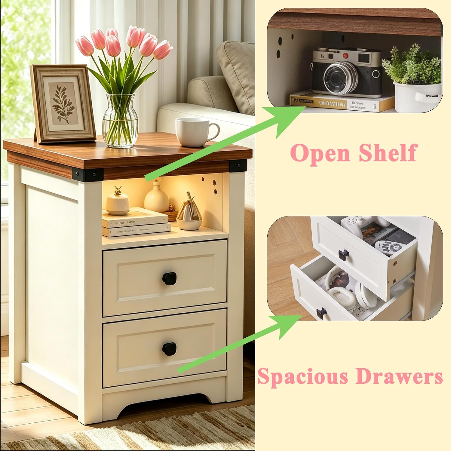 Farmhouse Night Stand with LED Lights,Charging Station, End Table with 2 Drawers & Open Shelf, Modern Bedside Table with USB Ports & Outlets, Side Table Wood for Bedroom Living Room, White