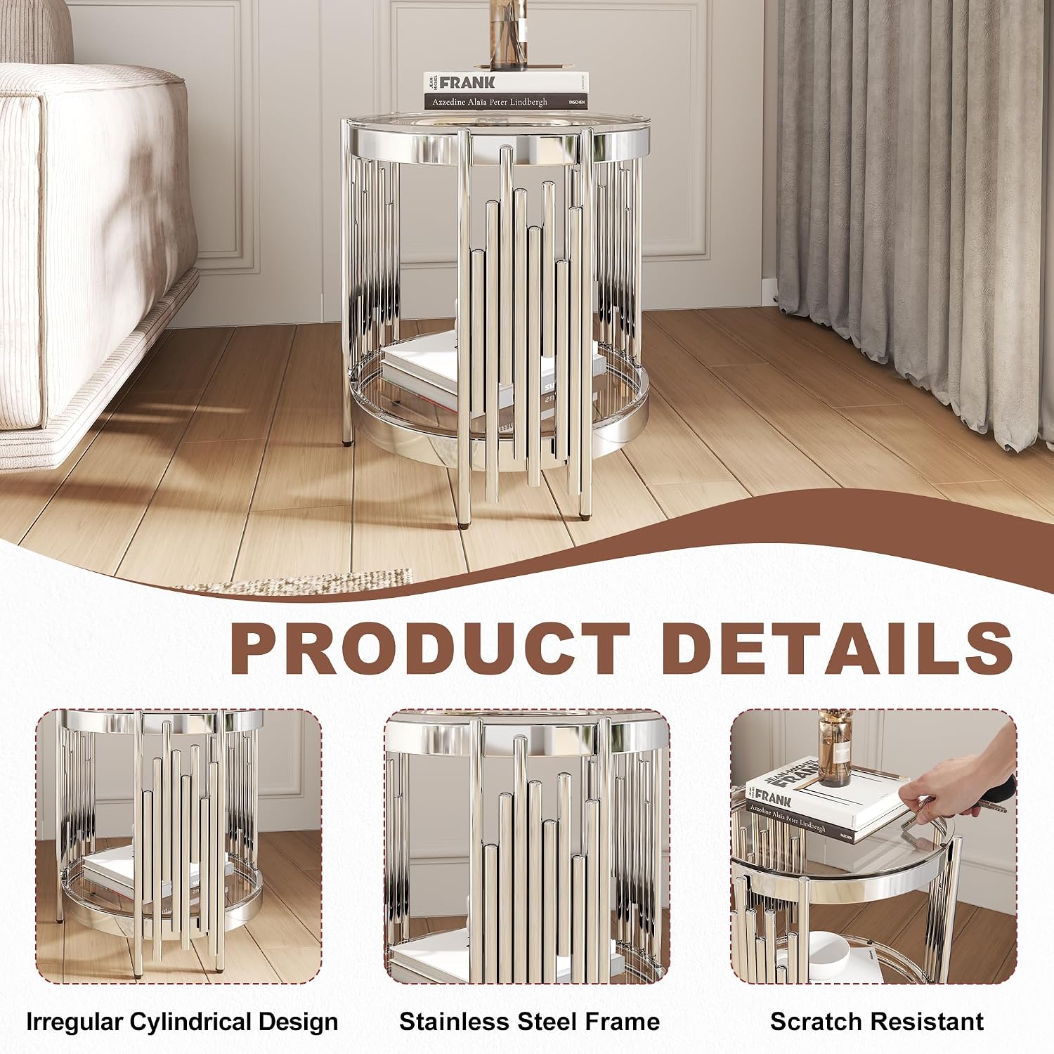 Round Glass End Table, 2-Tier Small Side Table with Tempered Glass Top and Sliver Stainless Steel Legs, Elegant Sofa Accent Table for Living Room, Bedroom, Easy to Assembly