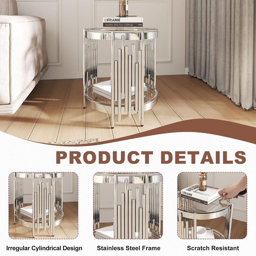 2 Tier Glass End Table with Storage, Round-Shaped Stainless Steel Side Table with Tempered Glass Top, Modern Accent Table for Living Room, Bedroom, Easy Assembly, Silver/Clear