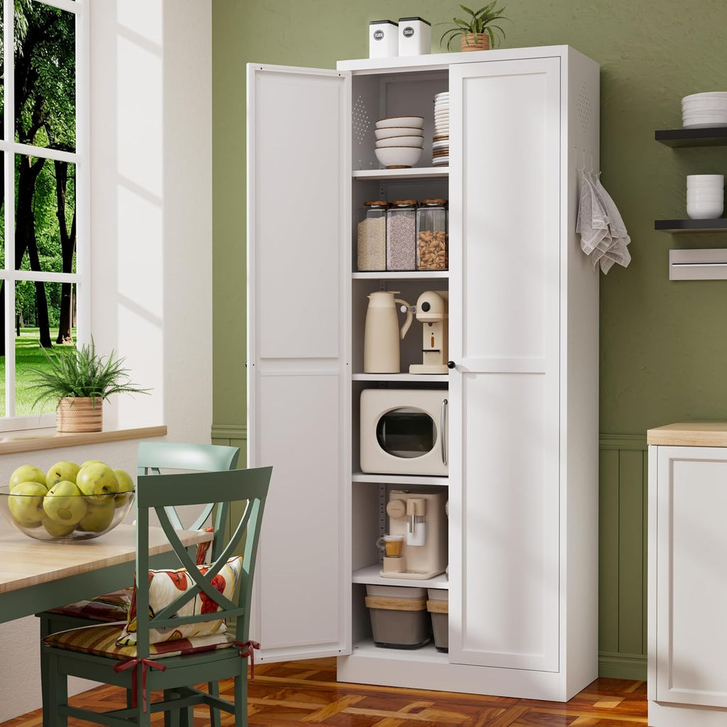 72" White Metal Kitchen Pantry Cabinet with Doors & 5 Adjustable Shelves, Heavy-Duty Freestanding Storage Organizer Utility Cupboard for Pantry, Kitchen, Bathroom