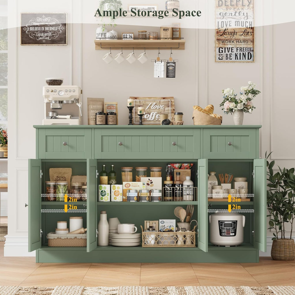 HITHOS 55" Sideboard Buffet Cabinet with Storage, Modern Kitchen Buffet Storage Cabinet with Drawers, Wood Coffee Bar with Adjustable Shelves, Large Sideboard for Kitchen, Living Room, Green