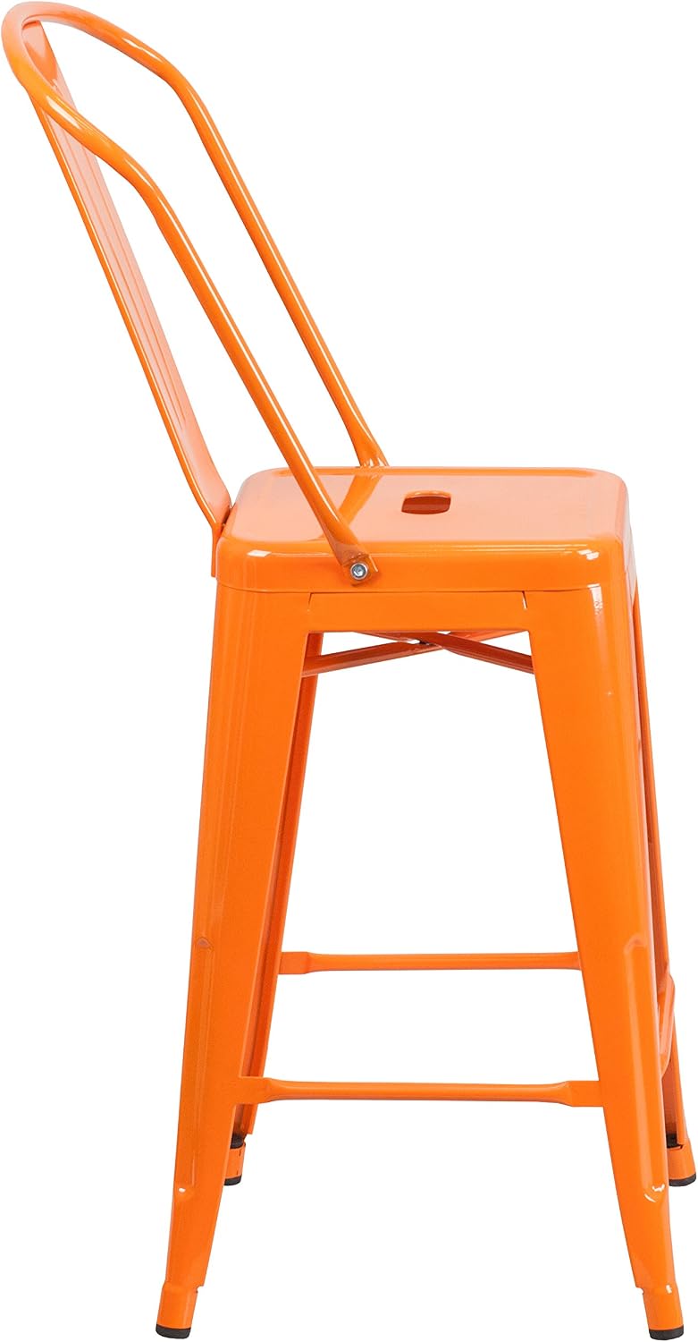 EMMA + OLIVER Commercial Grade 24" H Orange Metal Indoor-Outdoor Counter Height Stool w/Back