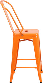 EMMA + OLIVER Commercial Grade 24" H Orange Metal Indoor-Outdoor Counter Height Stool w/Back