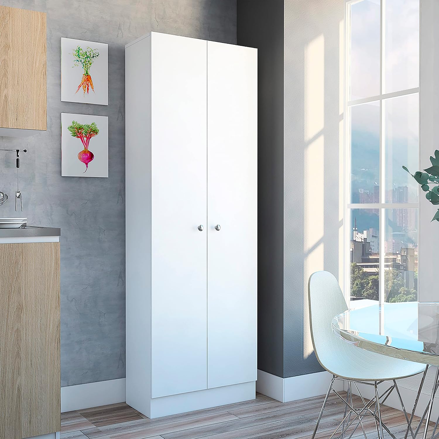 Modern Kitchen Pantry, White Storage Cabinet with 5 Shelves & Double Door, Easy to Maintain, for Dining Room