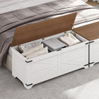 MAHANCRIS Large Toy Chest, 47.2" Wooden Toy Box with 2 Safety Hinges, Farmhouse Style Storage Bench, Blanket Storage Chest for Living Room, Entryway, Bedroom, White+Walnut SCBZ18601