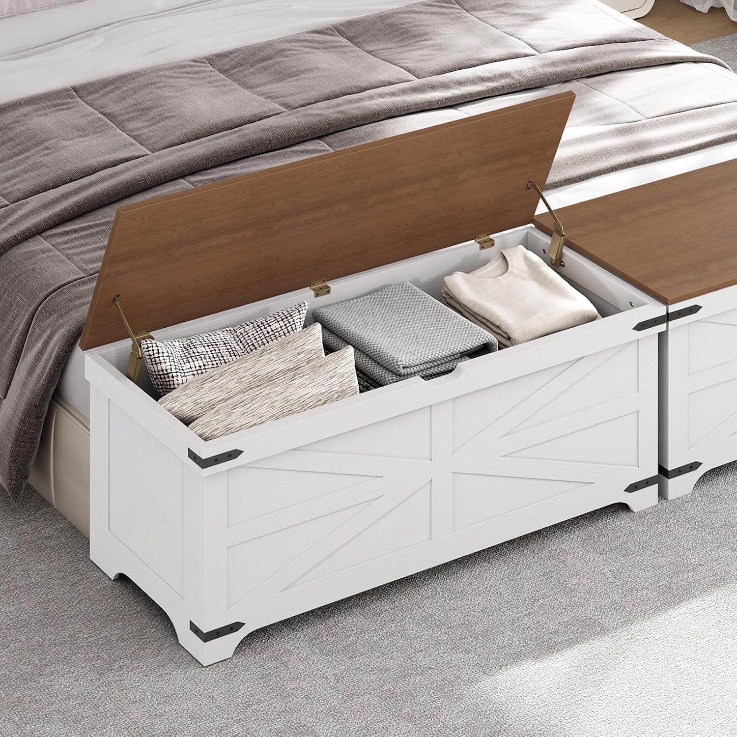 MAHANCRIS Large Toy Chest, 47.2" Wooden Toy Box with 2 Safety Hinges, Farmhouse Style Storage Bench, Blanket Storage Chest for Living Room, Entryway, Bedroom, White+Walnut SCBZ18601