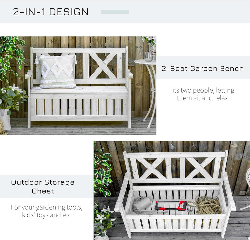Patio Wooden Bench with Storage Box, 29 Gallon Outdoor Storage Bench, Large Entryway Deck Box w, Unique X Shape Back, for Deck, Porch Balcony, White