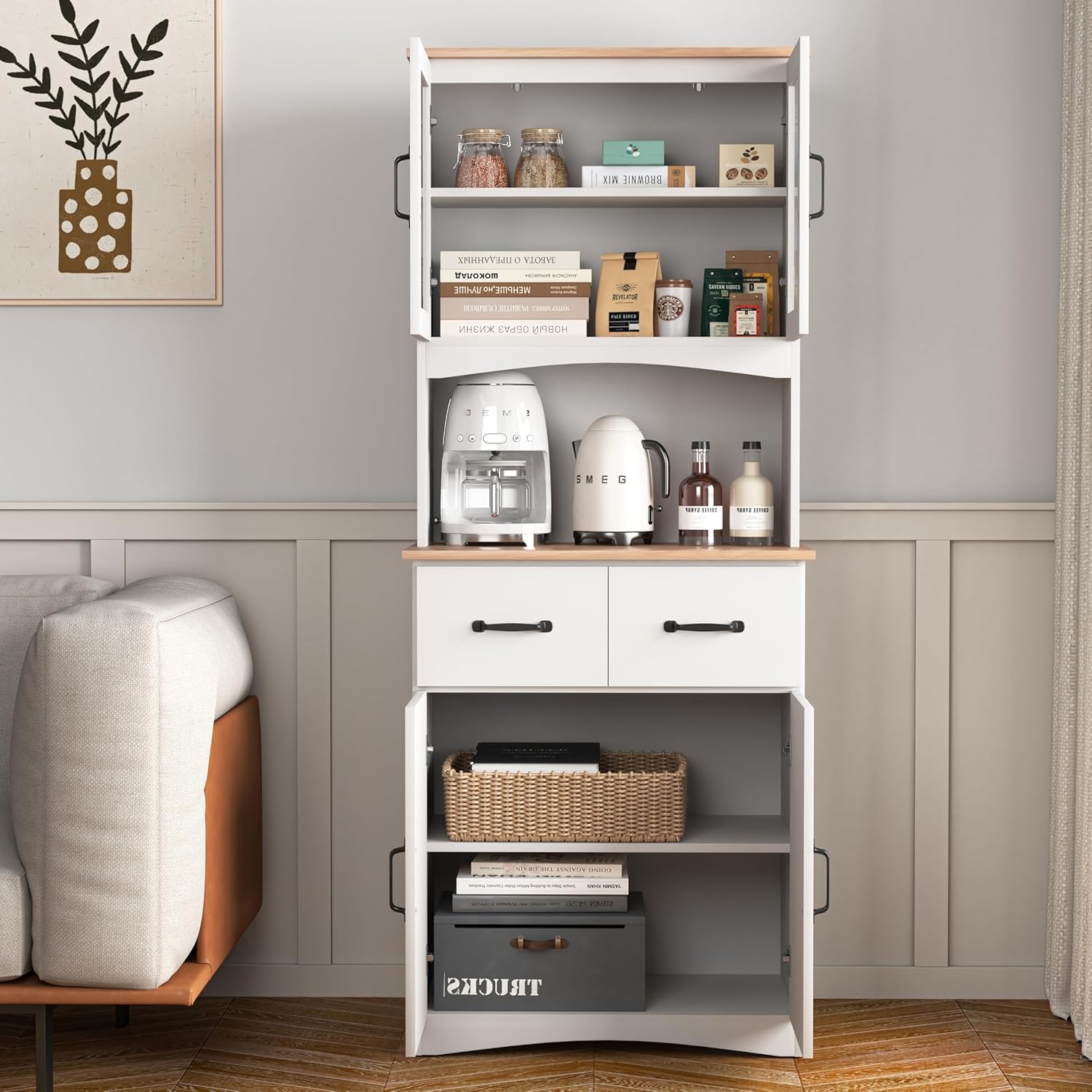 Wooden-Style Microwave Stand with Storage, Glass Door Cabinet with Drawers for Kitchen, Pantry Cabinet with Adjustable Shelves, Lower Louvered Doors, Buffet Hutch for Dining Room & Living Room(White)
